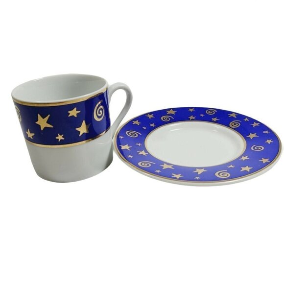 2 Pottery Barn Japan Demitasse Espresso Cups Saucers Blue Gold Stars Swirls HTF - Picture 3 of 12